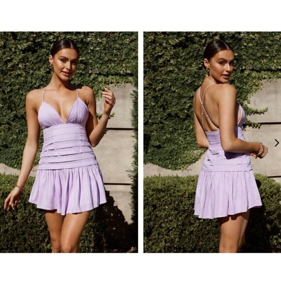 PINTUCK PLEAT WIDE RUFFLE HEM MINI LINEN  DRESS LILAC SIZE MEDIUM - Picture 1 of 11